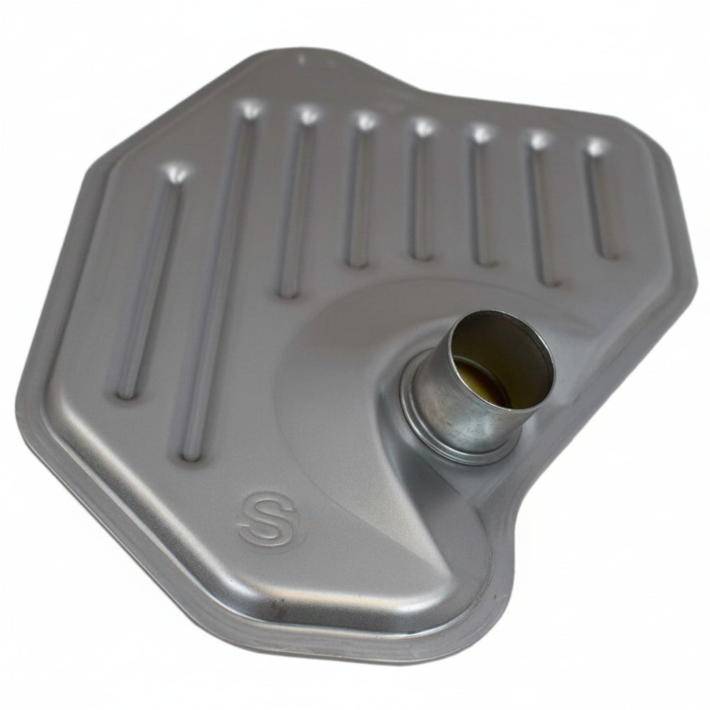 Metal oil pan with a drain plug on a white background