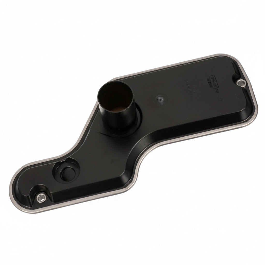 Black metal bracket with cylindrical component on a white background