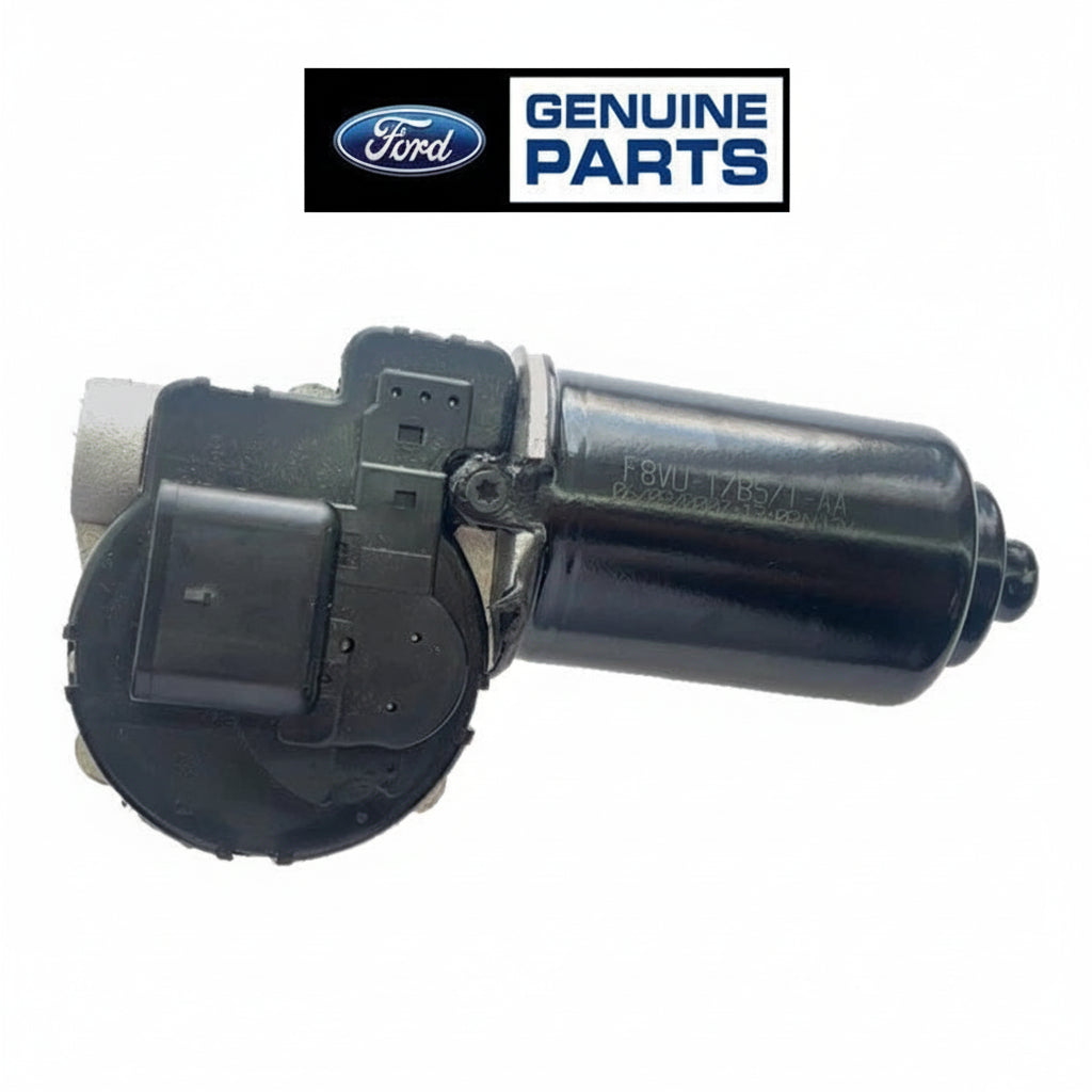 Ford wiper motor with 'Genuine Parts' label on a white background
