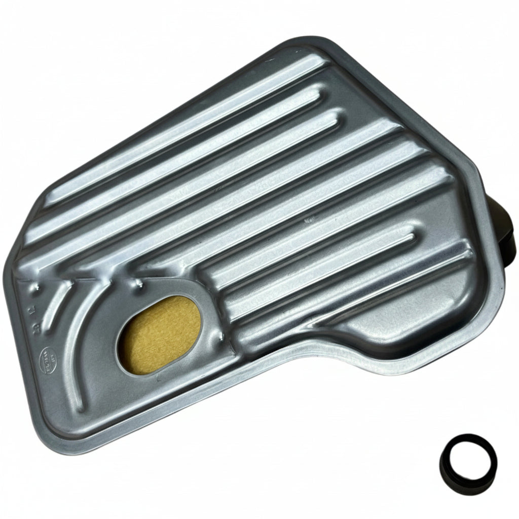 Metallic filter with a cork and an o-ring on a white background