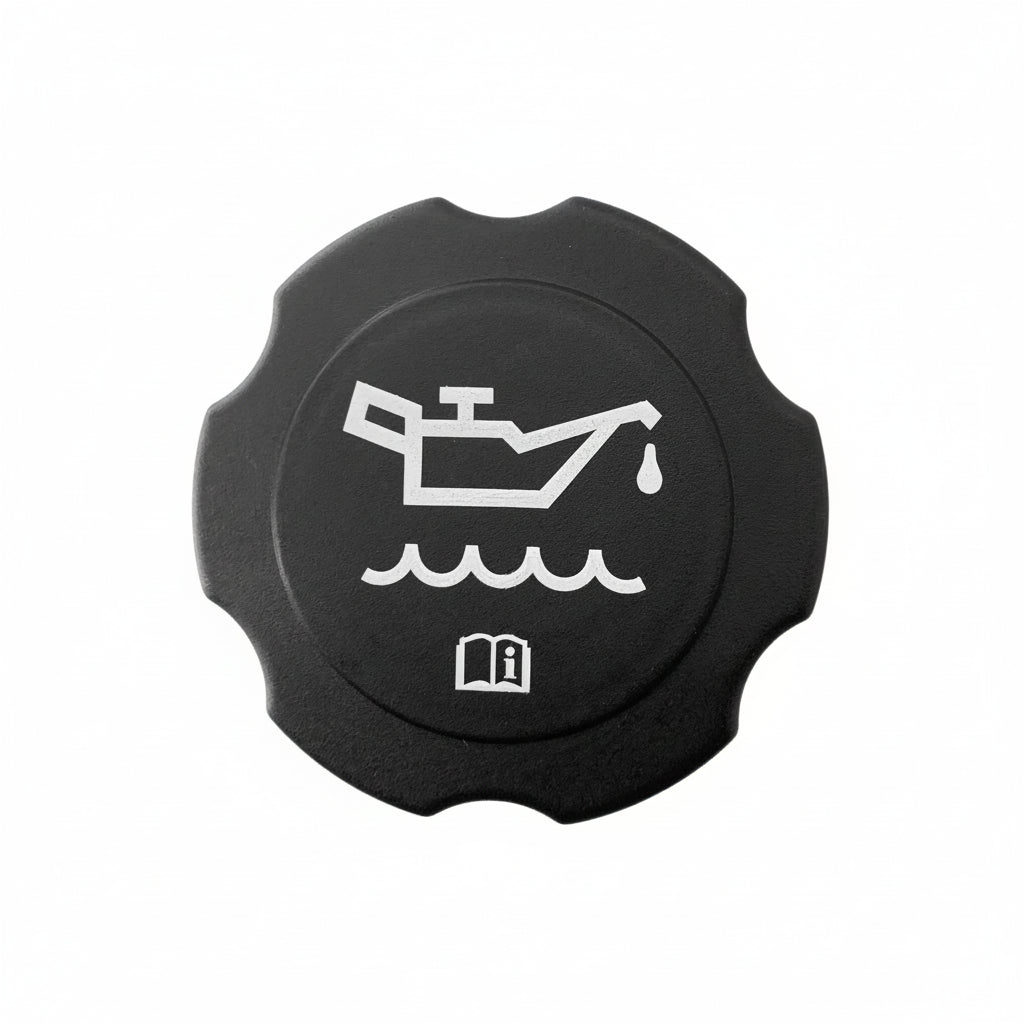 Black cap with white icon on a white background