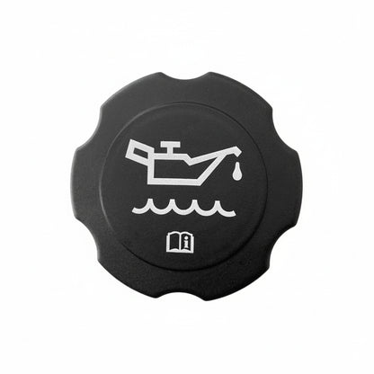 Black cap with white icon on a white background