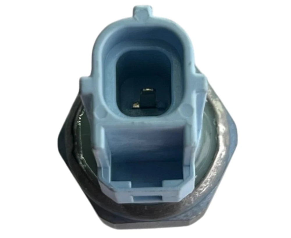 Close-up of a mechanical component with blue and black colors on a white background